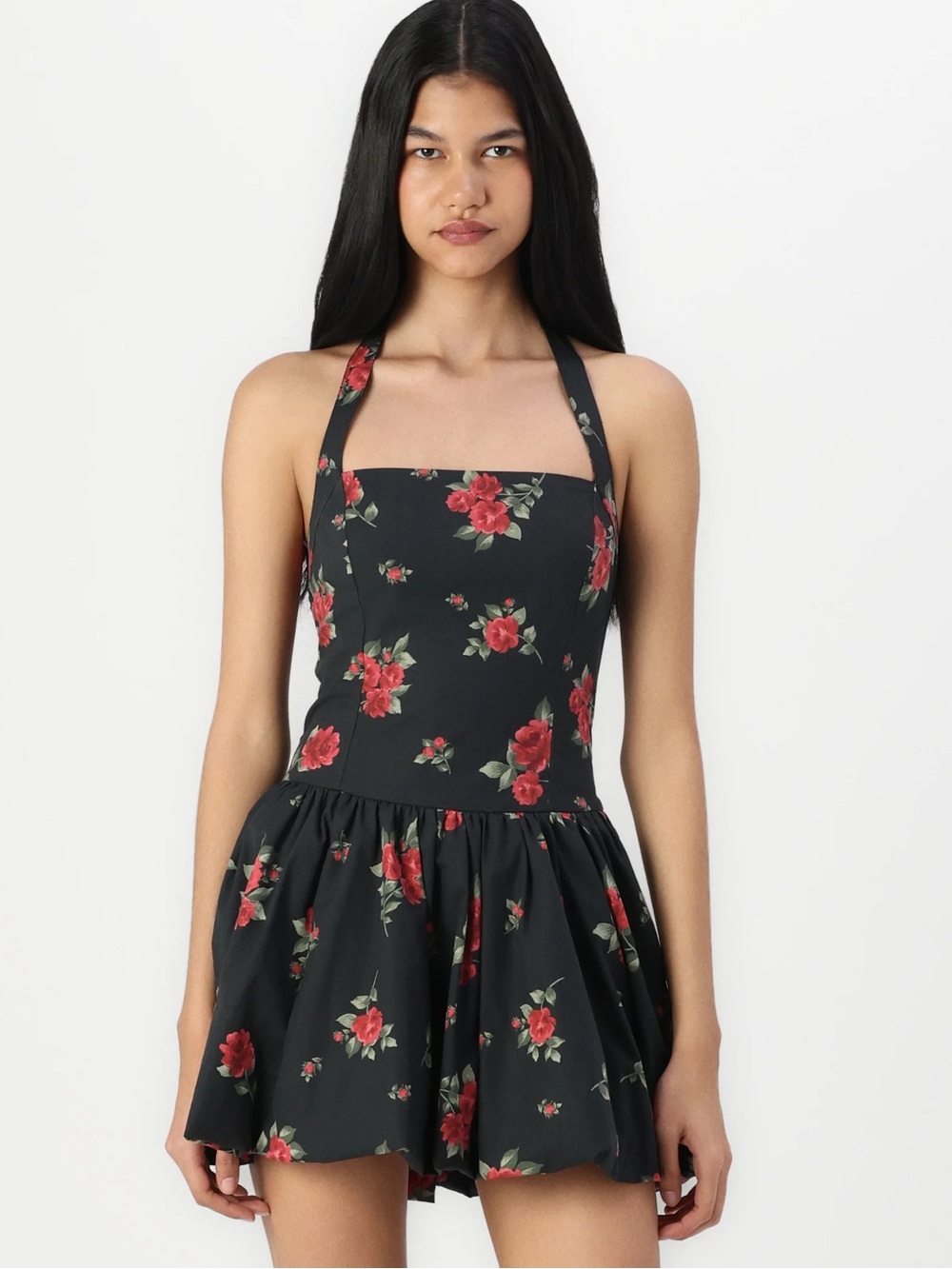 Hollister Cotton Blend Black Floral Dress with Red Roses Women’s Size L Large